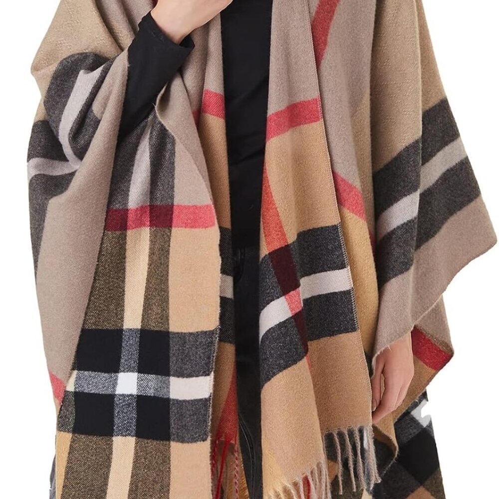 Women's Plaid Shawl Wrap Warm Cardigan Open Front Poncho Cape for Central Air Co